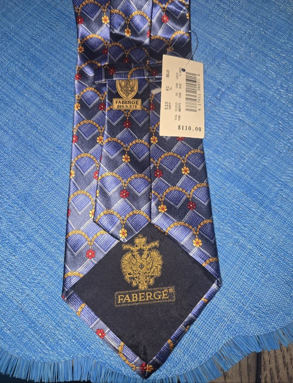 NWT Faberge Men's Blue Patterned Silk Tie with Floral Accents